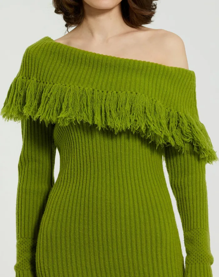 Mac Duggal Off The Shoulder Fringe Long Sleeve Knit Dress Pear Women Every Day Dresses