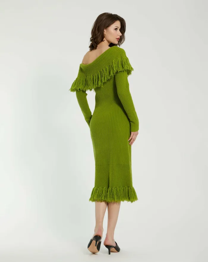 Mac Duggal Off The Shoulder Fringe Long Sleeve Knit Dress Pear Women Every Day Dresses