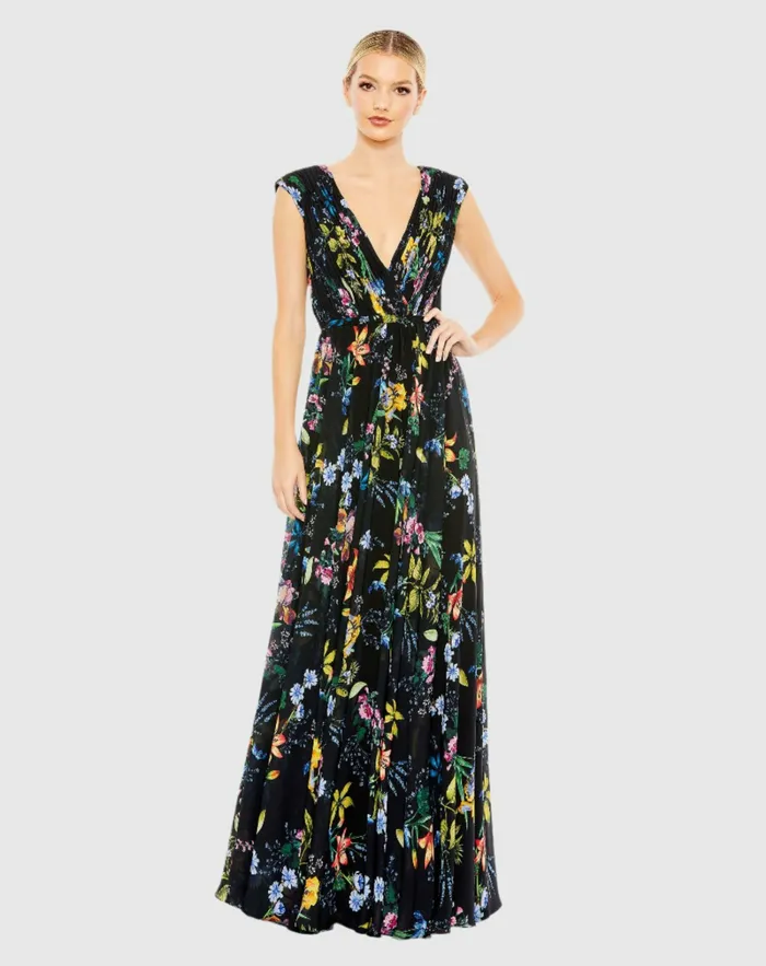 Mac Duggal Pleated Floral Cap Sleeve A Line Gown Pink Multi Women Daytime Dresses