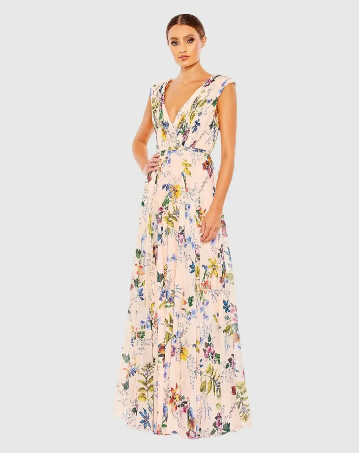 Mac Duggal Pleated Floral Cap Sleeve A Line Gown Pink Multi Women Daytime Dresses Mac Duggal Pleated Floral Cap Sleeve A Line Gown Pink Multi Women Daytime Dresses