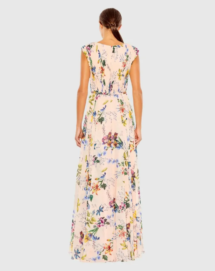 Mac Duggal Pleated Floral Cap Sleeve A Line Gown Pink Multi Women Daytime Dresses Mac Duggal Pleated Floral Cap Sleeve A Line Gown Pink Multi Women Daytime Dresses