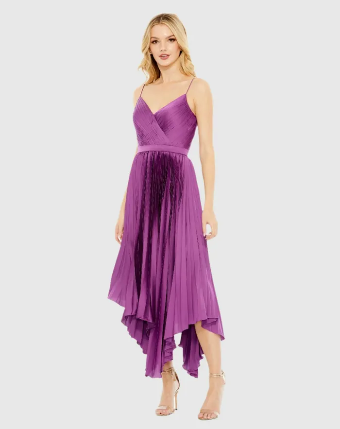 Mac Duggal Pleated Satin Flowy Midi Dress Amethyst Women Daytime Dresses