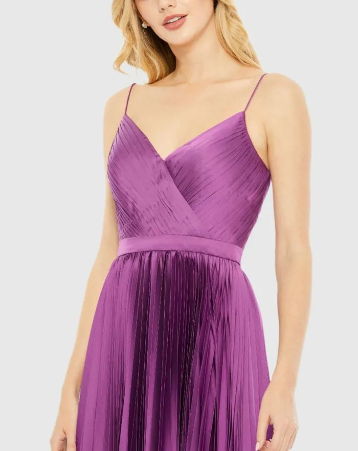 Mac Duggal Pleated Satin Flowy Midi Dress Amethyst Women Daytime Dresses