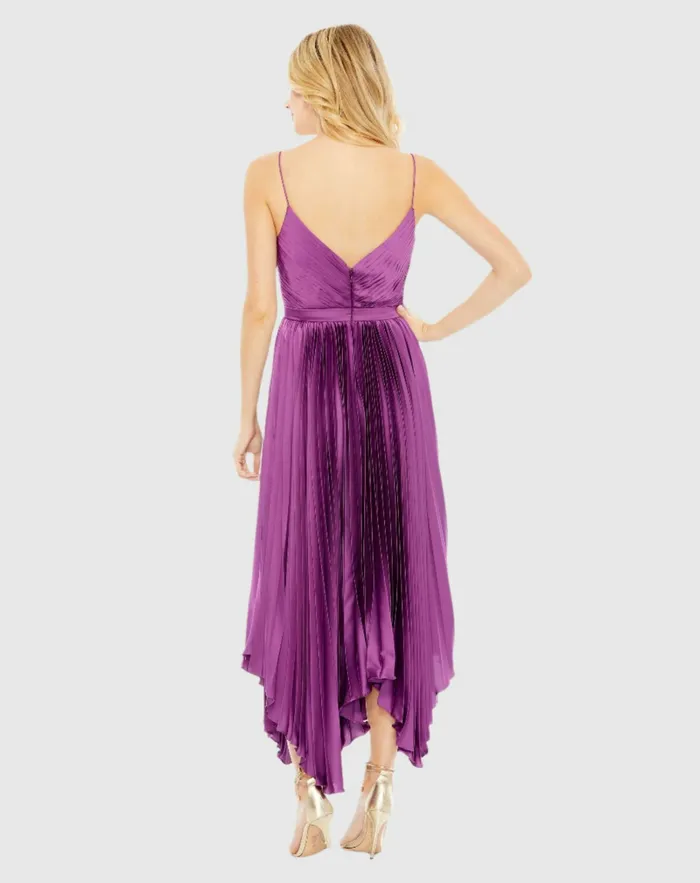 Mac Duggal Pleated Satin Flowy Midi Dress Amethyst Women Daytime Dresses