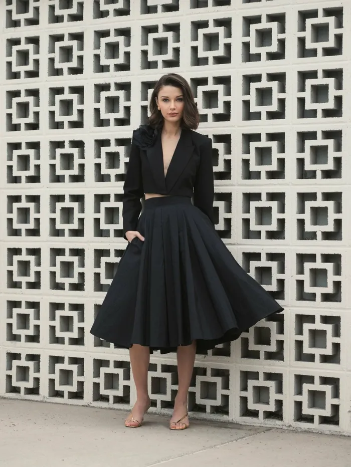 Mac Duggal The Bubbly Faille High Waisted Midi Full Circle Skirt Black Women Skirts
