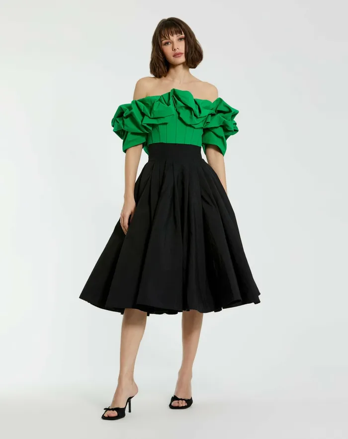 Mac Duggal The Bubbly Faille High Waisted Midi Full Circle Skirt Black Women Skirts