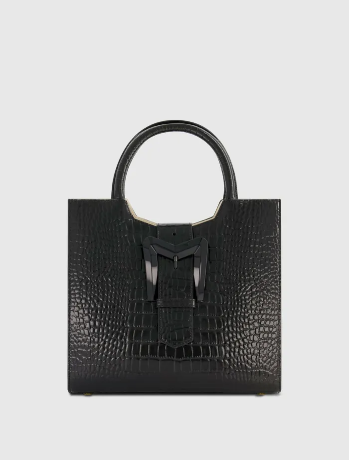 Mac Duggal Totes Women Buckled Medium Croco Black Leather Tote Bag with Detachable Strap Black Mac Duggal Totes Women Buckled Medium Croco Black Leather Tote Bag with Detachable Strap Black