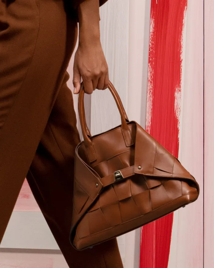 Medium Ai Messenger Bag In Braided Leather Trapezoids Caramel Women Akris Crossbody Bags
