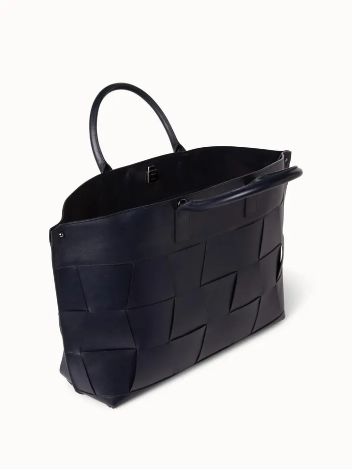 Medium Ai Messenger Bag In Braided Leather Trapezoids Denim Women Akris Crossbody Bags