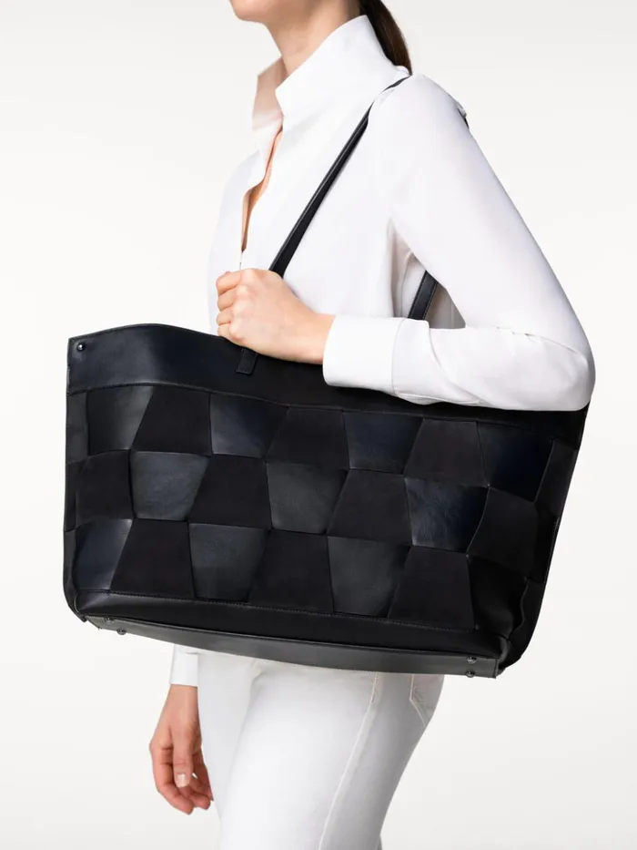 Medium Ai Shoulder Bag In Braided Leather And Nubuck Trapezoids Black Women Akris Tote Bags