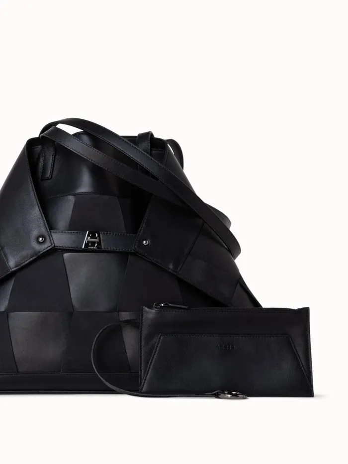 Medium Ai Shoulder Bag In Braided Leather And Nubuck Trapezoids Black Women Akris Tote Bags