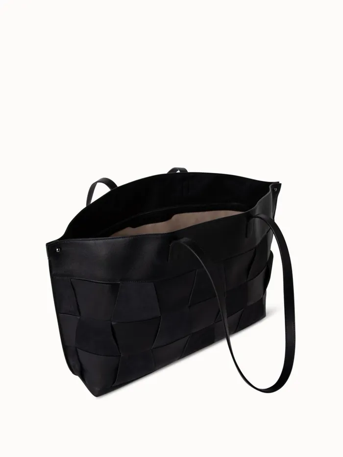 Medium Ai Shoulder Bag In Braided Leather And Nubuck Trapezoids Black Women Akris Tote Bags