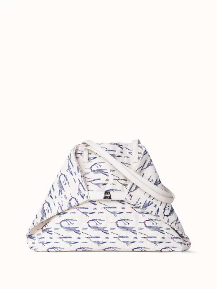 Medium Ai Shoulder Bag In Canvas With Kasuri Birds Embroidery Cream Denim Women Akris Shoulder Bags Medium Ai Shoulder Bag In Canvas With Kasuri Birds Embroidery Cream Denim Women Akris Shoulder Bags