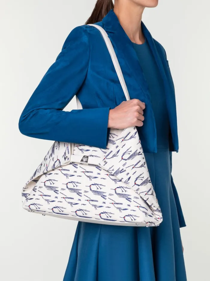 Medium Ai Shoulder Bag In Canvas With Kasuri Birds Embroidery Cream Denim Women Akris Tote Bags