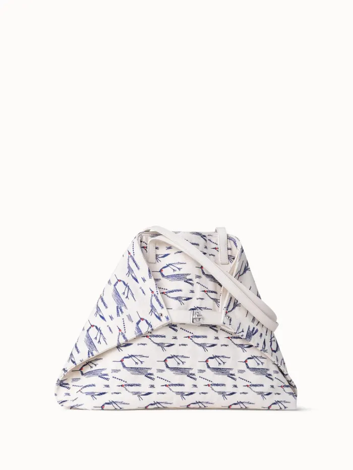 Medium Ai Shoulder Bag In Canvas With Kasuri Birds Embroidery Cream Denim Women Akris Tote Bags