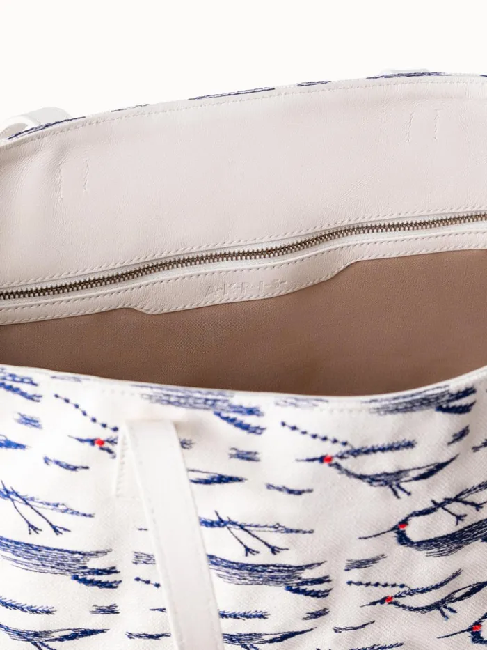Medium Ai Shoulder Bag In Canvas With Kasuri Birds Embroidery Cream Denim Women Akris Tote Bags