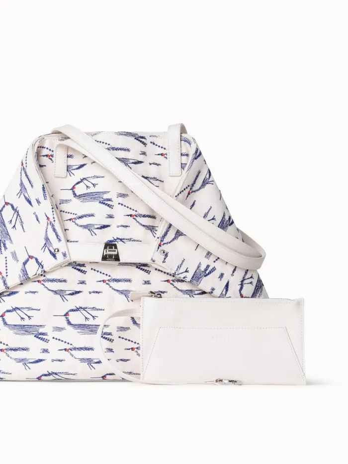 Medium Ai Shoulder Bag In Canvas With Kasuri Birds Embroidery Cream Denim Women Akris Tote Bags