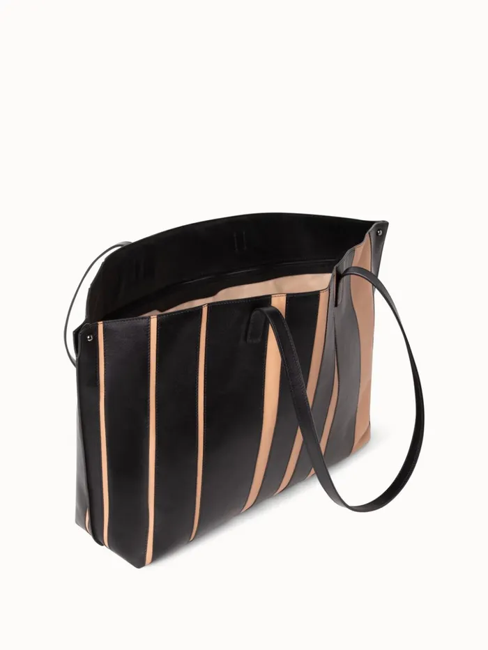 Medium Ai Shoulder Bag In Leather Stripes Blackcordage Women Akris Tote Bags