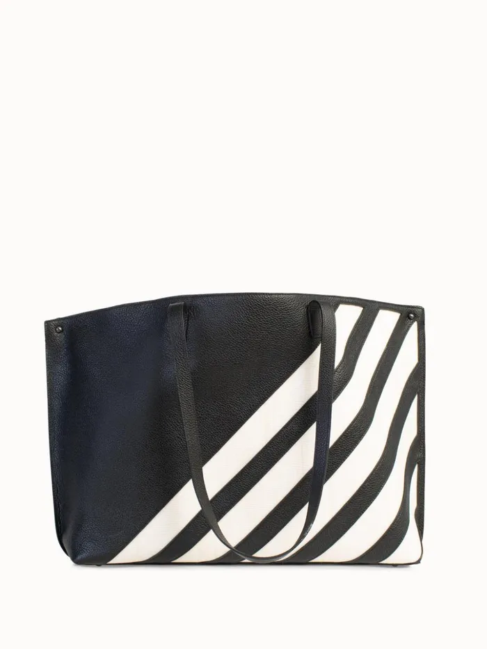 Medium Ai Shoulder Bag In Leather With Horsehair Stripes Blackecru Women Akris Tote Bags