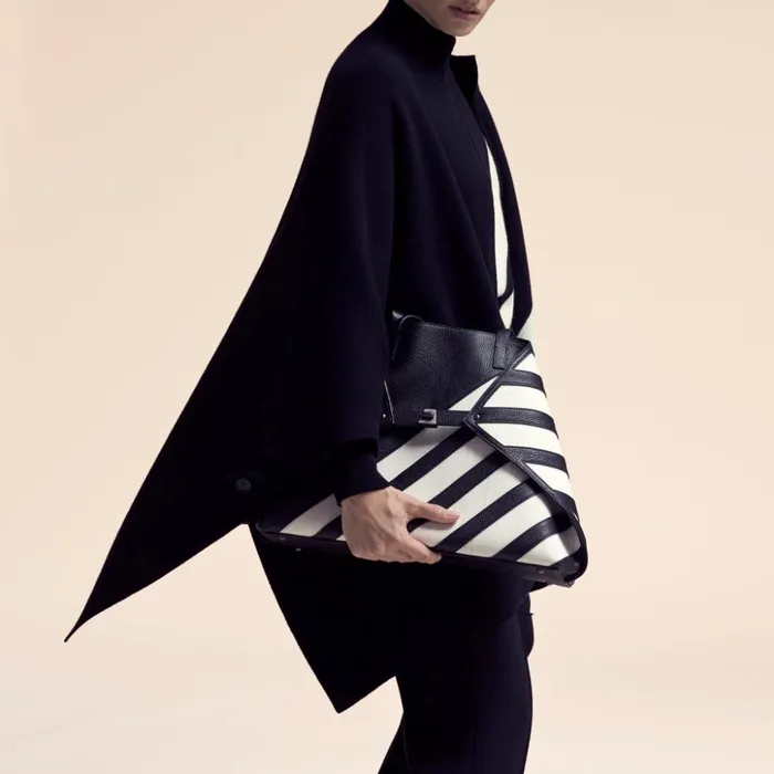 Medium Ai Shoulder Bag In Leather With Horsehair Stripes Blackecru Women Akris Tote Bags