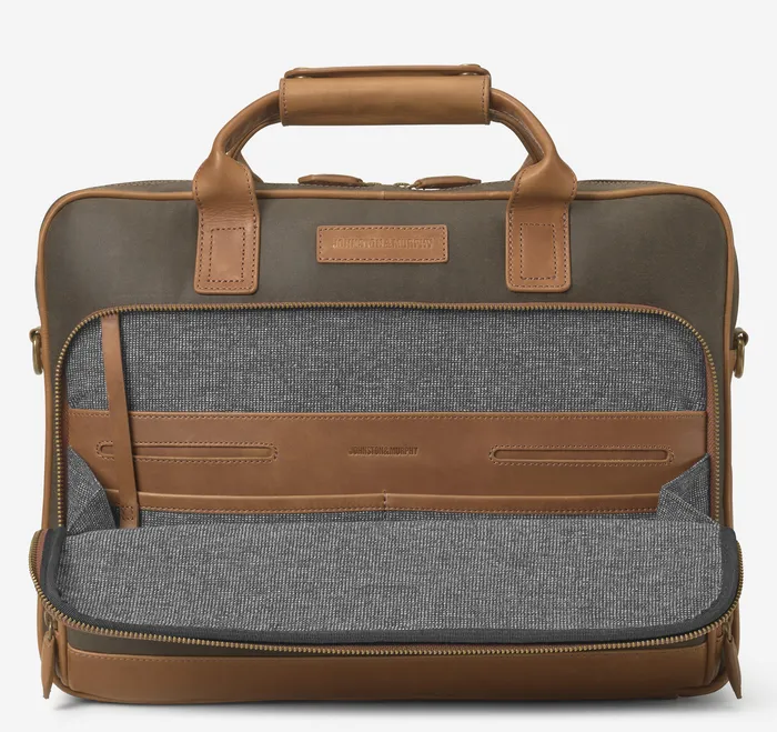 Men Backpacks and Briefcases Johnston and Murphy Rhodes Briefcase Brown Antique Cotton Tan Full Grain