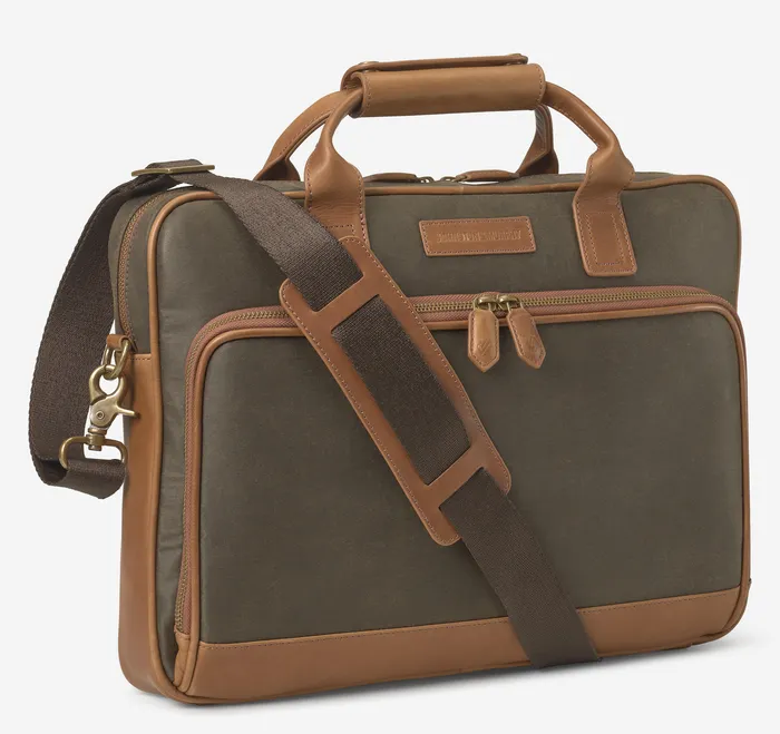 Men Backpacks and Briefcases Johnston and Murphy Rhodes Briefcase Brown Antique Cotton Tan Full Grain