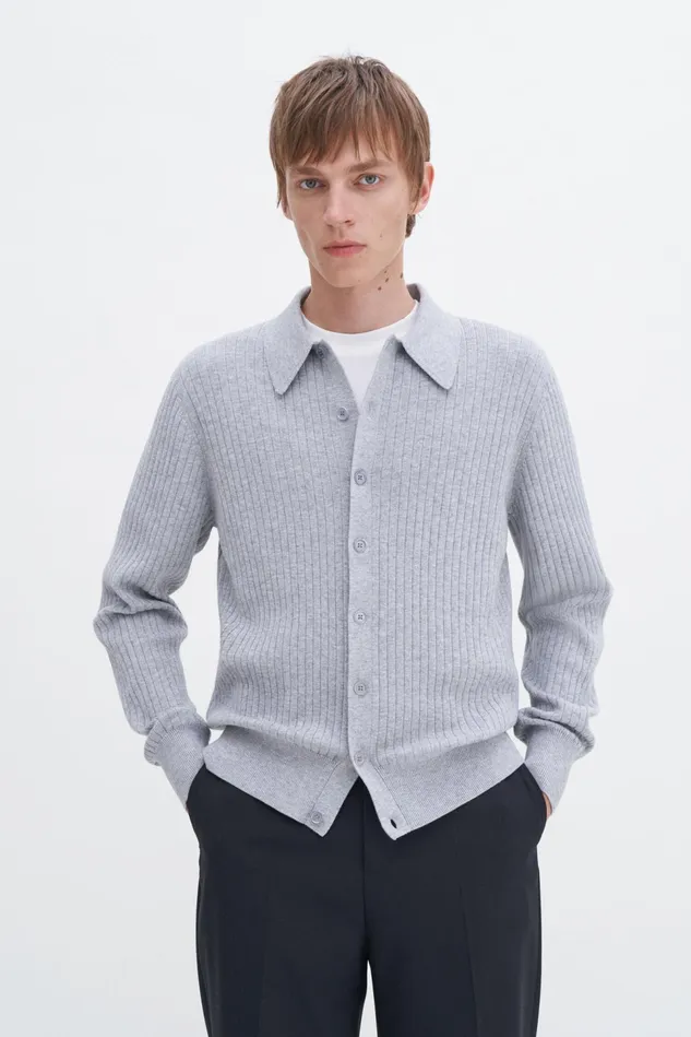 Men Cotton Merino Knit Shirt Light Grey Melange Filippa K Knitwear