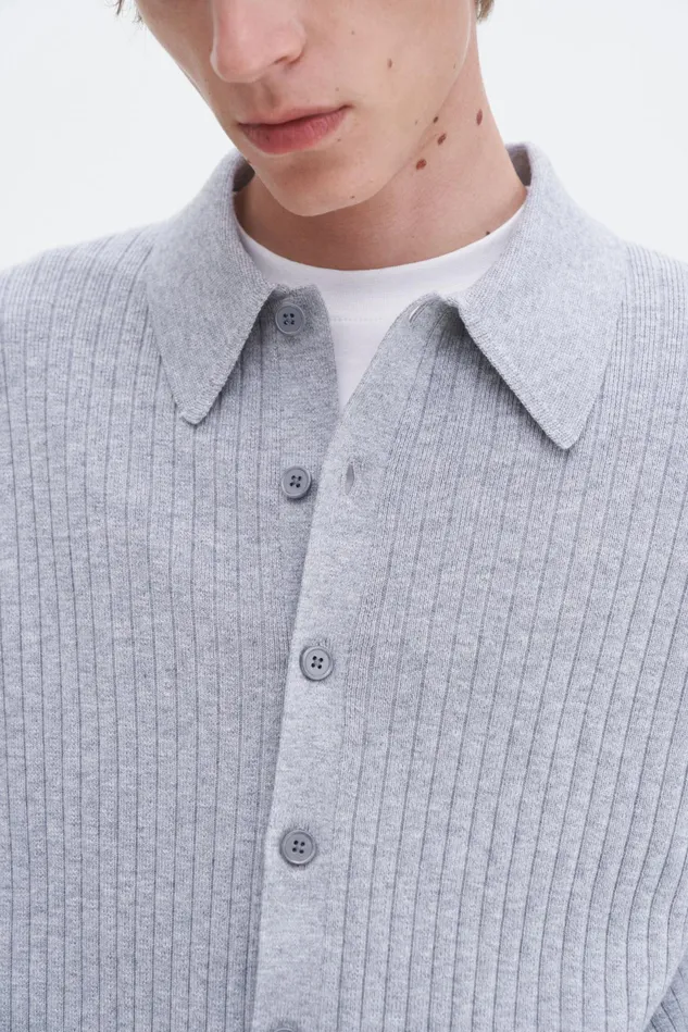 Men Cotton Merino Knit Shirt Light Grey Melange Filippa K Knitwear