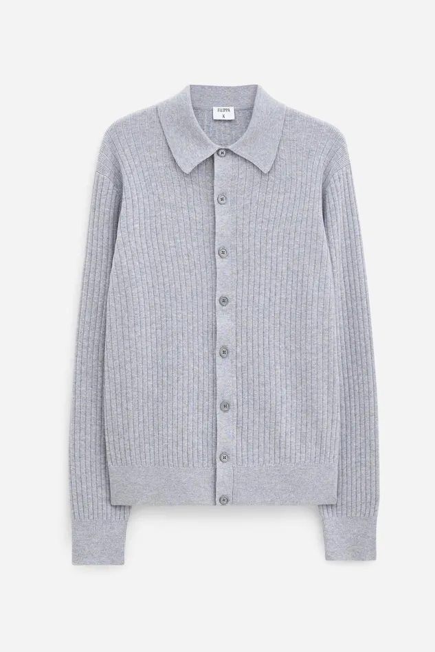 Men Cotton Merino Knit Shirt Light Grey Melange Filippa K Knitwear