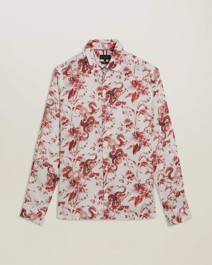 Men DRAAKE 8211 Long Sleeve Dragon Print Shirt Red Ted Baker Shirts