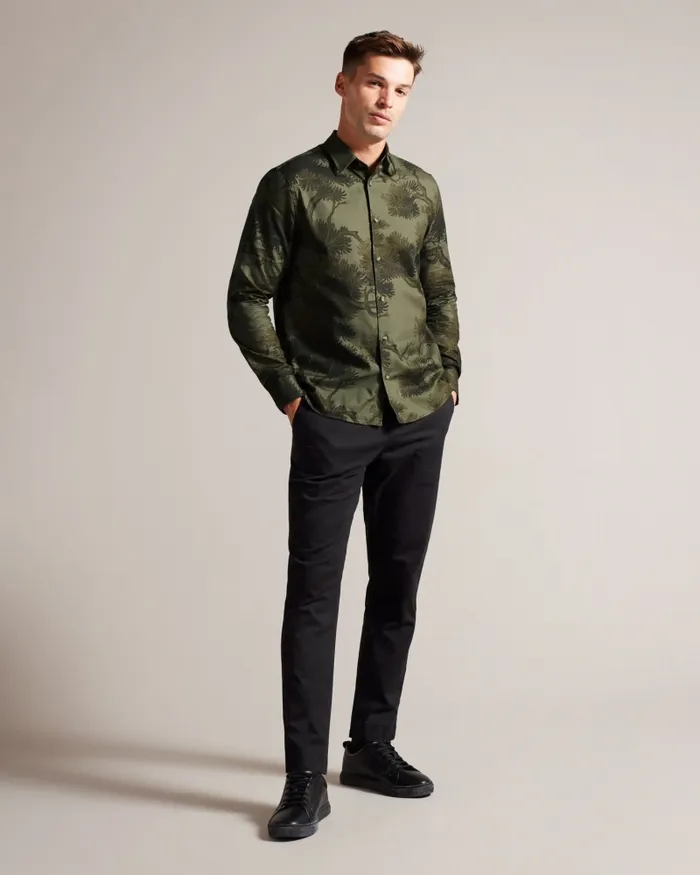 Men GOXHILL 8211 Long Sleeve Leaf Print Shirt Khaki Ted Baker Shirts Men GOXHILL 8211 Long Sleeve Leaf Print Shirt Khaki Ted Baker Shirts