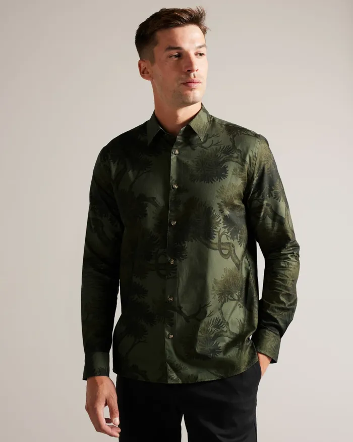 Men GOXHILL 8211 Long Sleeve Leaf Print Shirt Khaki Ted Baker Shirts Men GOXHILL 8211 Long Sleeve Leaf Print Shirt Khaki Ted Baker Shirts