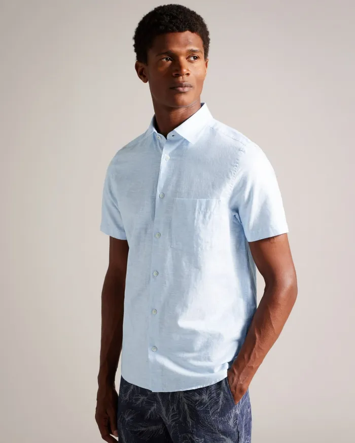Men KINGFRD 8211 Short Sleeve Linen Shirt Light Blue Ted Baker Shirts Men KINGFRD 8211 Short Sleeve Linen Shirt Light Blue Ted Baker Shirts