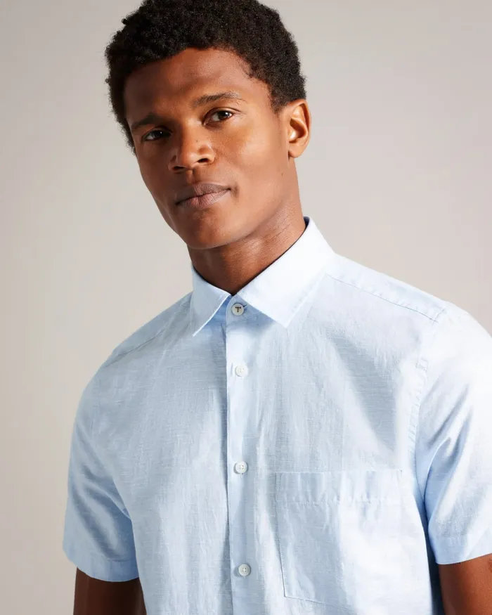 Men KINGFRD 8211 Short Sleeve Linen Shirt Light Blue Ted Baker Shirts Men KINGFRD 8211 Short Sleeve Linen Shirt Light Blue Ted Baker Shirts