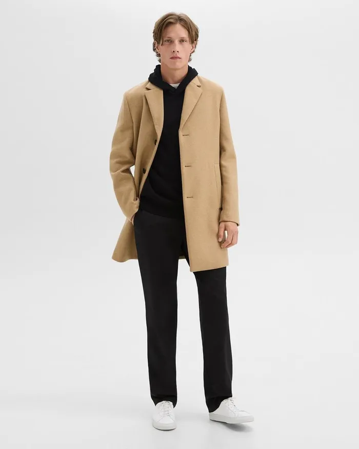 Men Outerwear Theory 3Button Topcoat In Recycled WoolBlend Melton New Camel