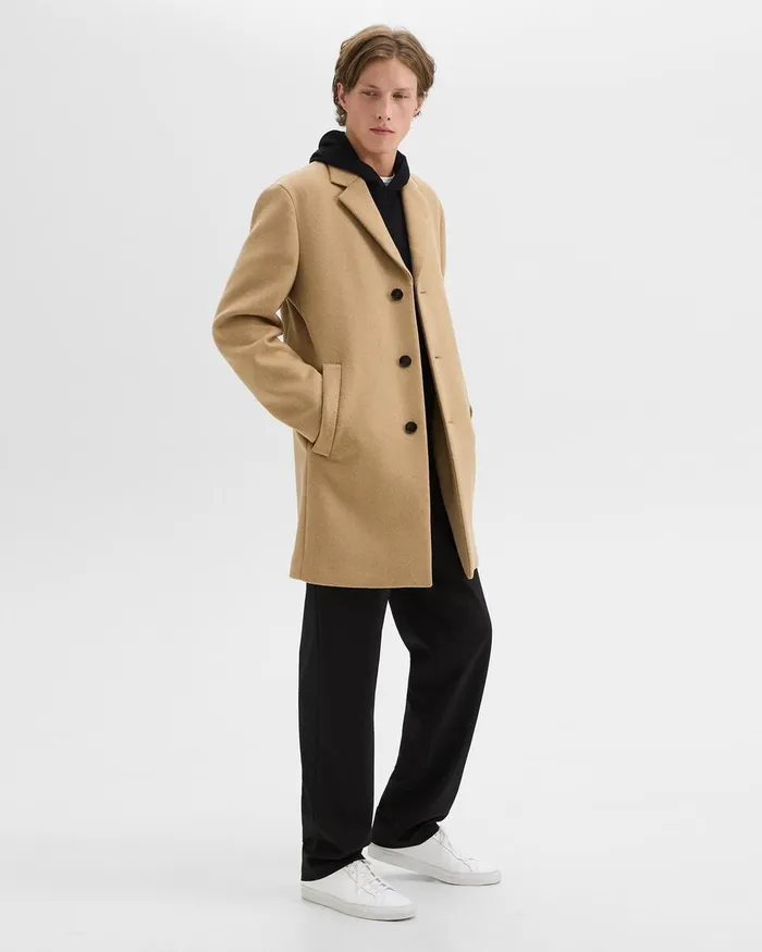 Men Outerwear Theory 3Button Topcoat In Recycled WoolBlend Melton New Camel