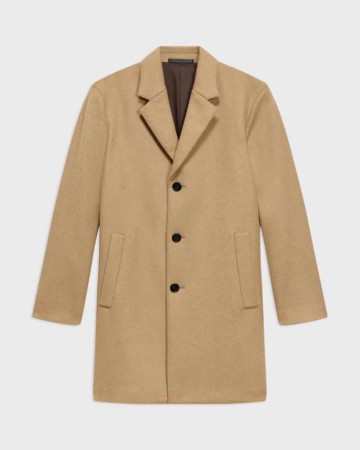 Men Outerwear Theory 3Button Topcoat In Recycled WoolBlend Melton New Camel