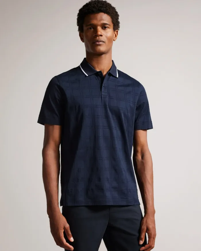 Men ROYMILE 8211 Short Sleeve Shadow Check Polo Shirt Navy Ted Baker Tops Men ROYMILE 8211 Short Sleeve Shadow Check Polo Shirt Navy Ted Baker Tops