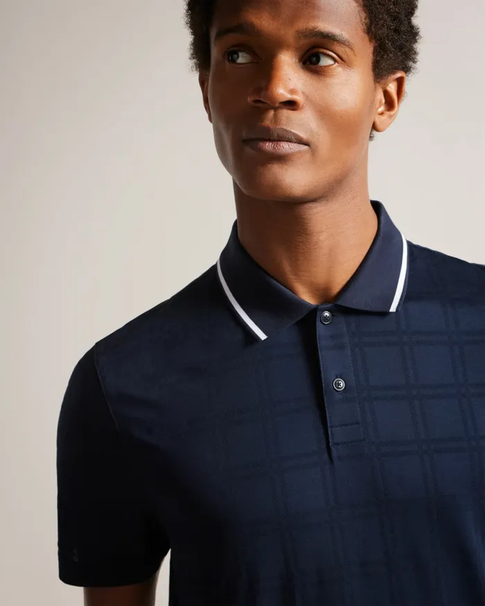 Men ROYMILE 8211 Short Sleeve Shadow Check Polo Shirt Navy Ted Baker Tops Men ROYMILE 8211 Short Sleeve Shadow Check Polo Shirt Navy Ted Baker Tops