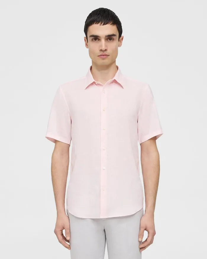 Men Shirts Theory Irving ShortSleeve Shirt In Relaxed Linen Cradle Pink