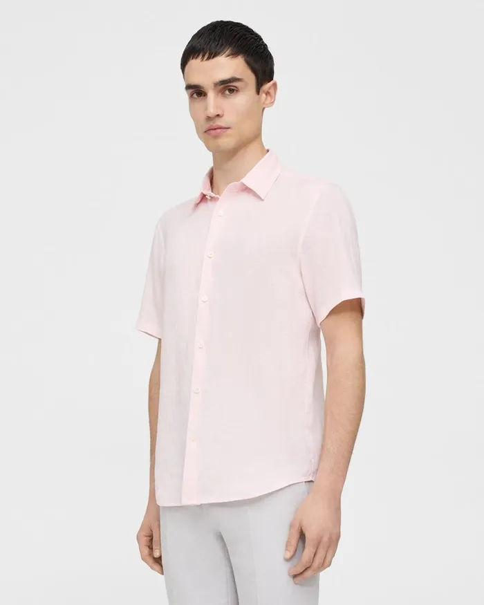 Men Shirts Theory Irving ShortSleeve Shirt In Relaxed Linen Cradle Pink