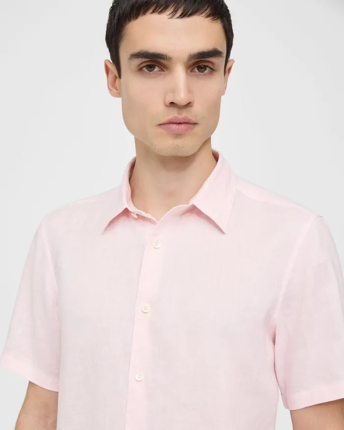 Men Shirts Theory Irving ShortSleeve Shirt In Relaxed Linen Cradle Pink