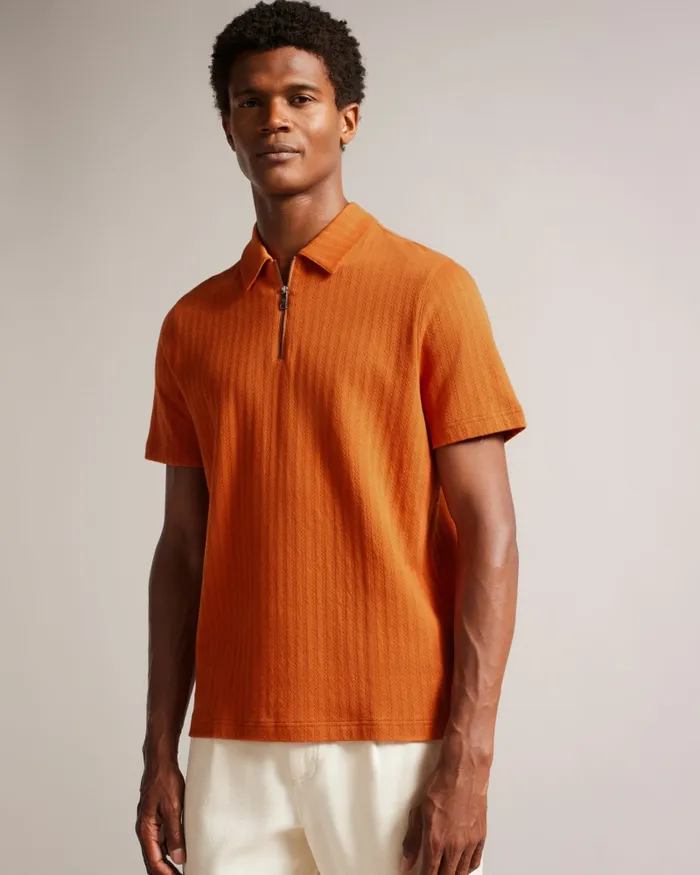 Men SPEYSID 8211 Short Sleeve Textured Zip Polo Shirt Dark Orange Ted Baker Tops
