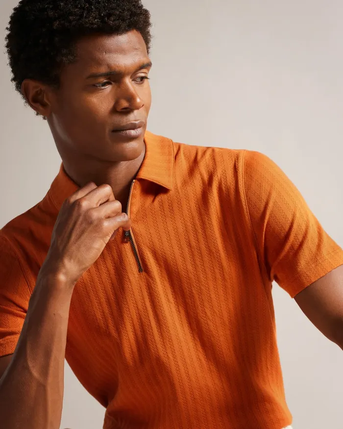 Men SPEYSID 8211 Short Sleeve Textured Zip Polo Shirt Dark Orange Ted Baker Tops