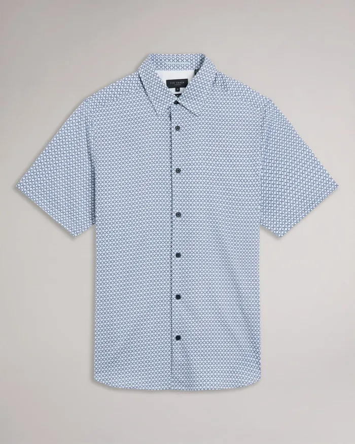 Men STRISHO 8211 Short Sleeve Geometric Print Shirt Dark Blue Ted Baker Shirts