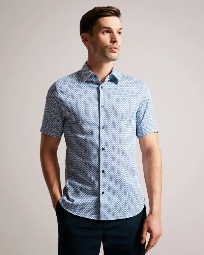 Men STRISHO 8211 Short Sleeve Geometric Print Shirt Dark Blue Ted Baker Shirts