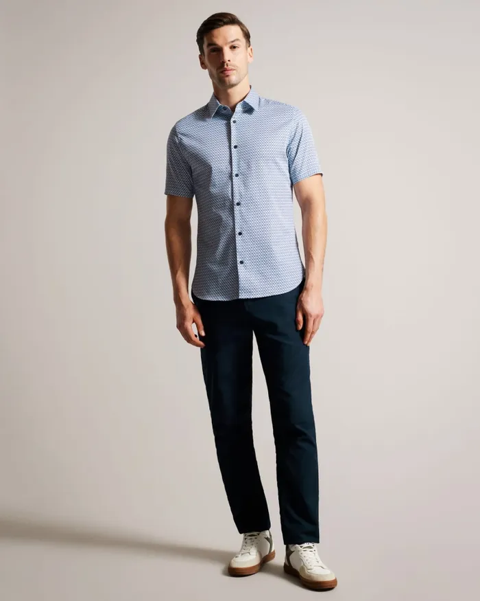 Men STRISHO 8211 Short Sleeve Geometric Print Shirt Dark Blue Ted Baker Shirts