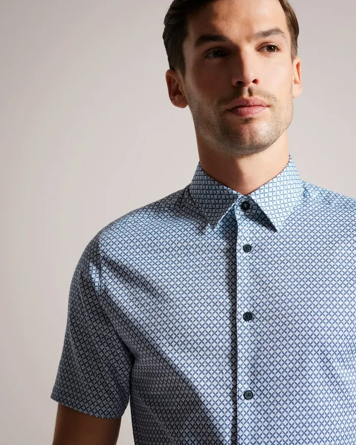 Men STRISHO 8211 Short Sleeve Geometric Print Shirt Dark Blue Ted Baker Shirts