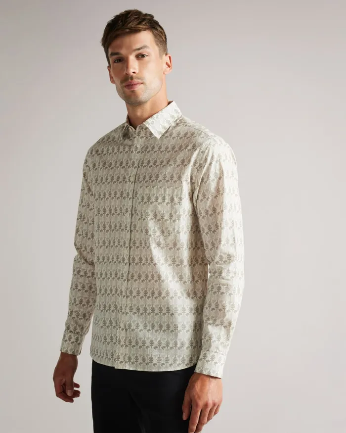 Men TEMPLE 8211 Long Sleeve Tree Print Shirt Natural Ted Baker Shirts