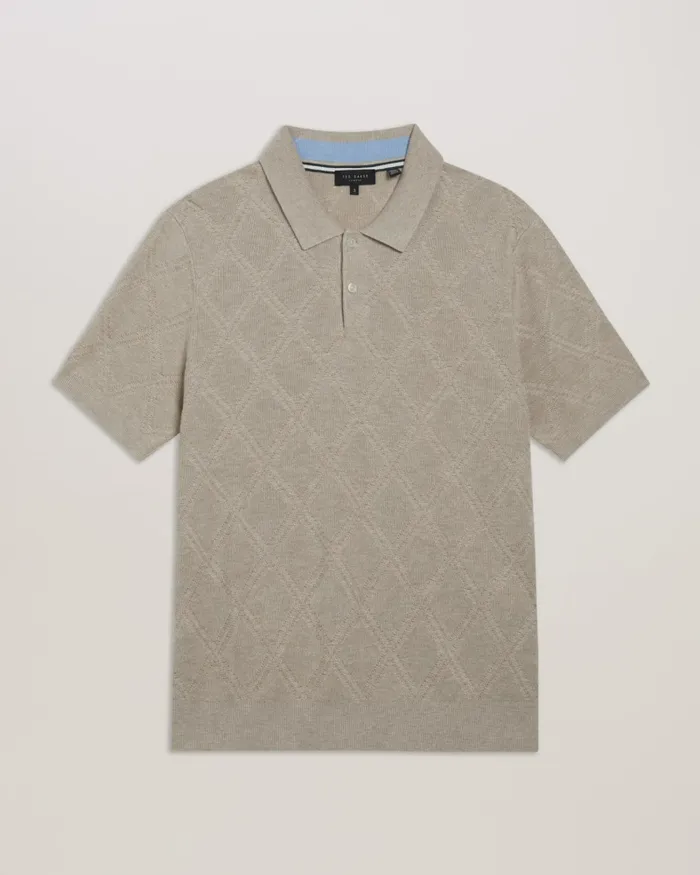 Men VENTAR 8211 Diamond Knit Polo Shirt Stone Ted Baker Jumpers and Knitwear
